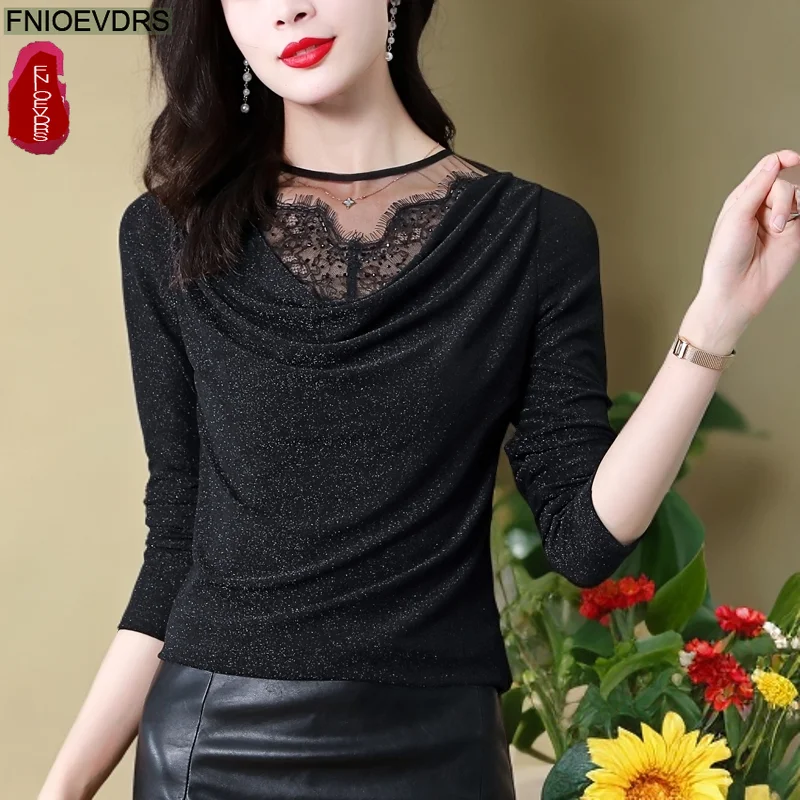 

Bling Retro Vintage Tops Blouse Fashion Woman Long Sleeve Elegant Office Lady Patchwork Black Lace Sheer Mesh Sexy Basics Shirts