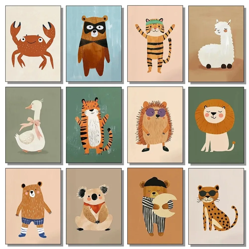 Cute Cartoon Animals Poster Frog Tiger Rabbit Illustrations Canvas Paintings and Prints Wall Art Picture Nursery Room Home Decor