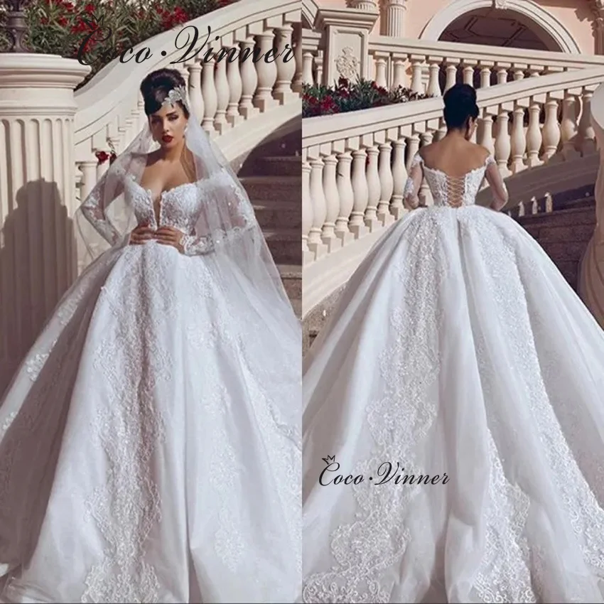 

Customized Deep V neck Dubai Style Princess Wedding Dresses Long Sleeves Lace Up Back Vintage Lace Bride Dress For Ladies W1362