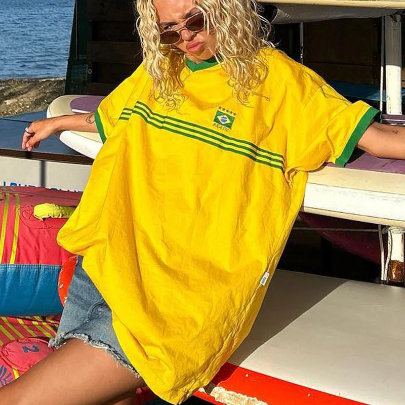 Brasil Embroidery Yellow T-shirt Women Men Hip Hop Oversized T Shirt Y2k Fashion Tops Summer Short Sleeve Tee Casual Beach Tee