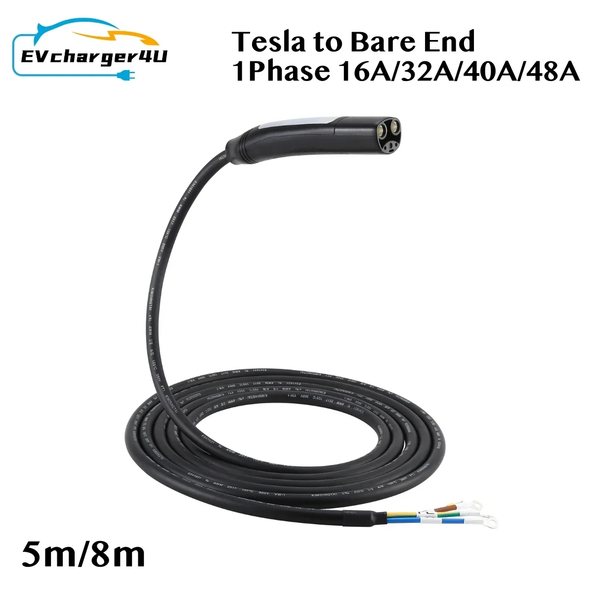 EVcharger4U 1phase 16A 32A 40A 48A Tesla EV Charging Cable NACS Male To Open Wire For US Made Model 3 X Y S