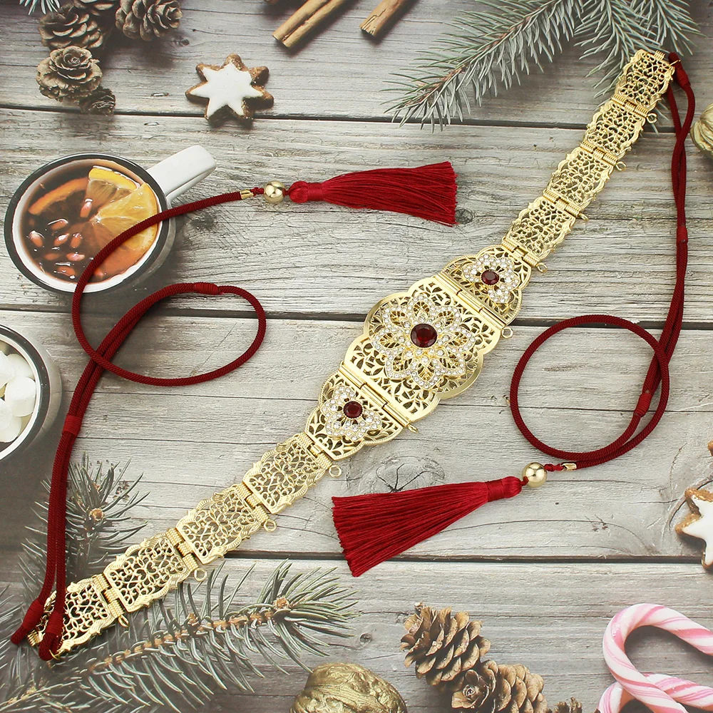 Sunspicems Morocco Bride Rope Belt for Women Gold Color Metal Flower Caftan Belt Arabic Robe Waist Chain Hand-knit Rope Bijoux