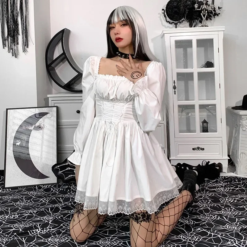 

Long Sleeves Lolita Black Dress Goth Aesthetic Puff Sleeve High Waist Vintage Bandage Lace Trim Party Gothic Clothes Dress Woman