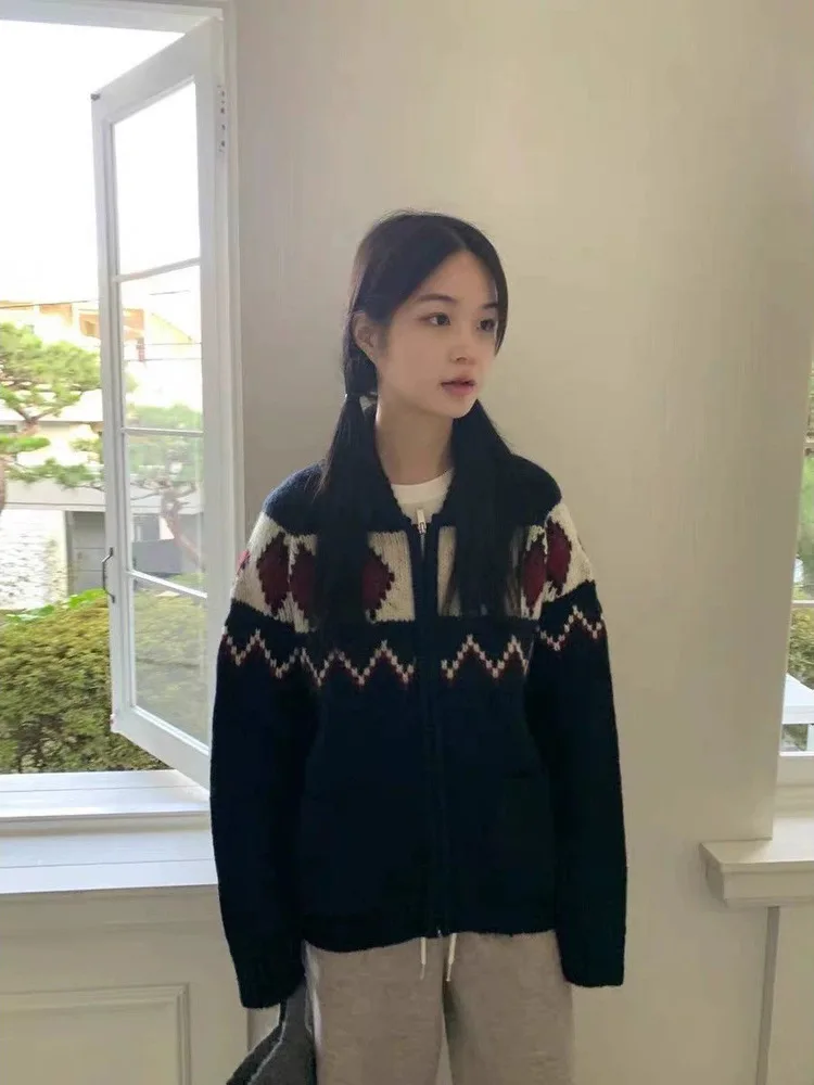 Retro malha flor padrão zíper aberto cardigan feminino solto casual versátil outerwear longo sve comprimento regular