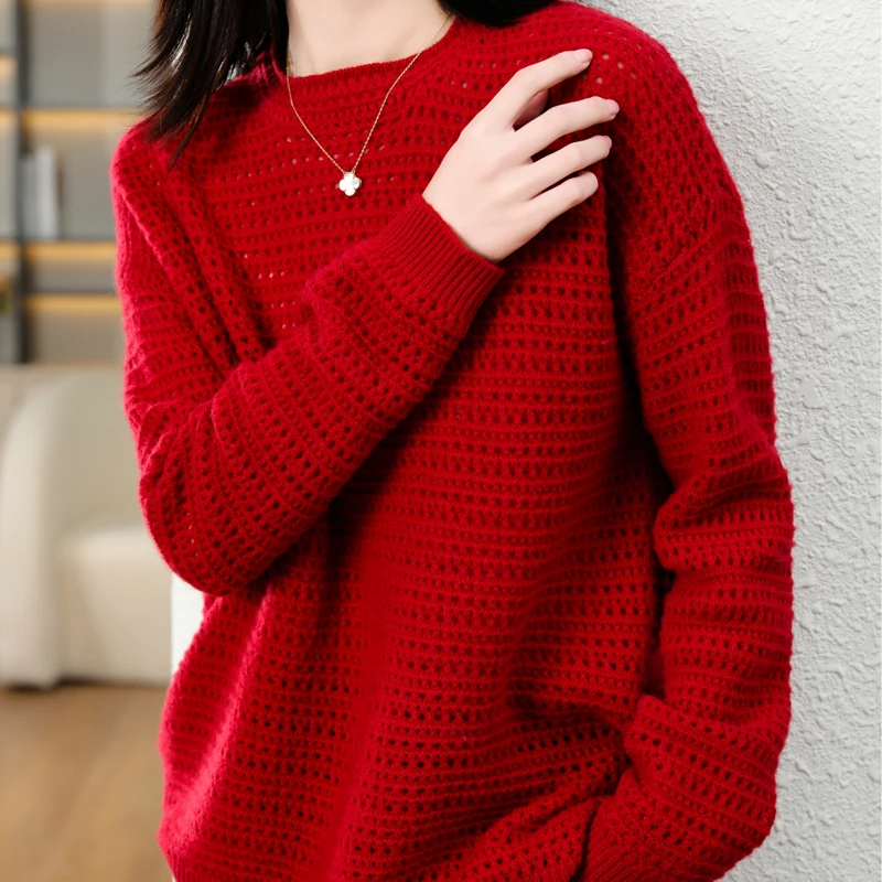 2024 Autumn/Winter New 100% Merino Wool Hollow Out Sweater Women\'s Clothing Korean Luxury Loose Large Cashmere Knitted Pullover