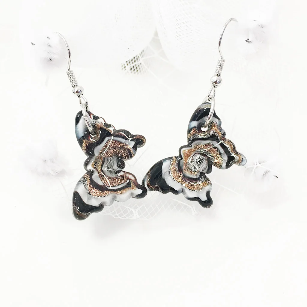 1PCS Chinese Retro Earrings For Women Butterfly Murano Glass Lampwork Pendant  Stereoscopic Animal Earring Black Golden Noble