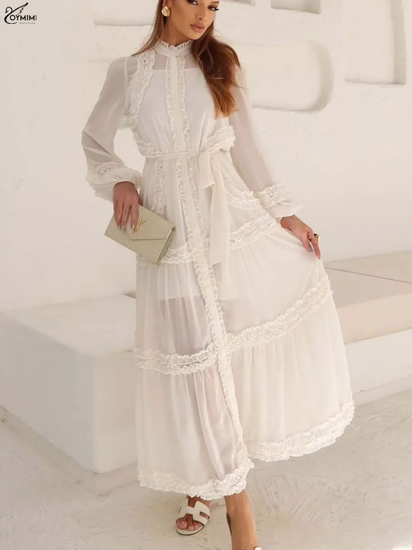 

Oymimi Summer Beige Ruffled Women's Dress Fashion O-Neck Long Sleeve Lace-Up Dresses Casual New Straight Ankle-Length Dresses