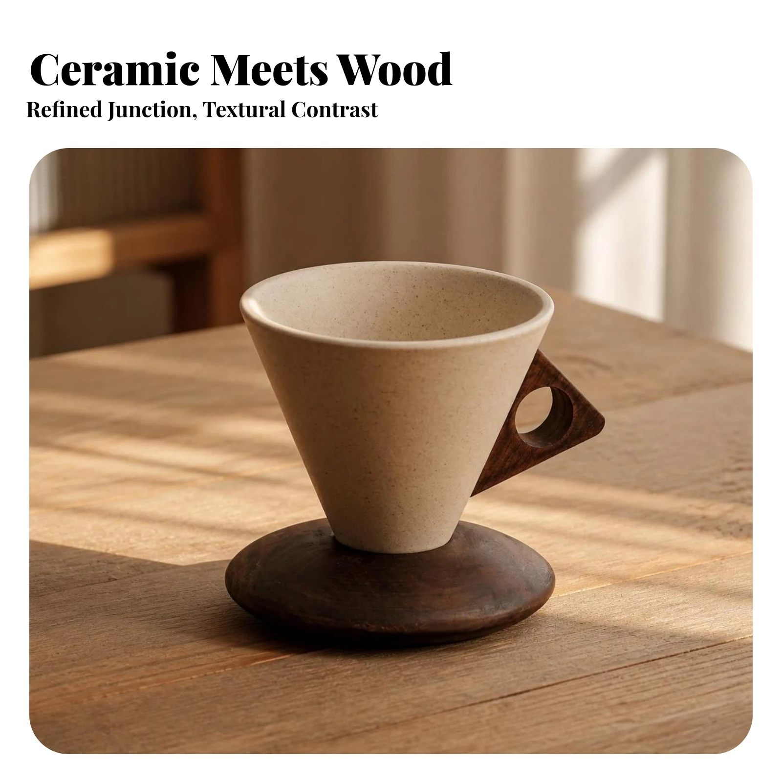 Pour-over Coffee Cup with Wooden Base Artisanal Ceramic Coffee Cup with Wooden Handle Minimalist Heat Insulating view 2