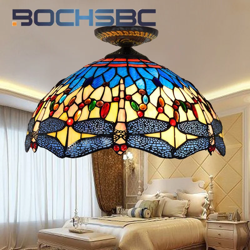 BOCHSBC Tiffany style stained glass 16inch yellow dragonfly chandelier for dining room bedroom hallway ceiling light LED decor