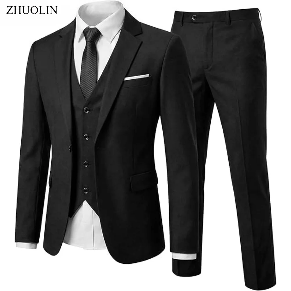 Herren 3-Teiliger Anzug Set Einfarbig für Hochzeit Formelle Geschäftskleidung Blazer Weste Hose Klassischer Smoking Party Bräutigam