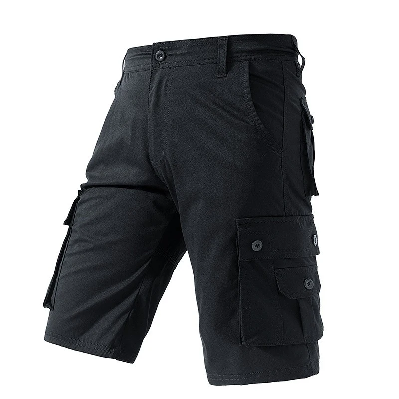 Men's summer Japanese heavyweight washed solid color multi pocket workwear shorts casual sports five quarter pants
