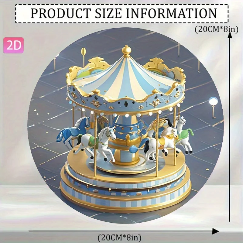 2D Flat, Vintage Carousel Music Box -2D Aluminum Wall Art with Colorful Decorative Elements, Whimsical Barrel Design