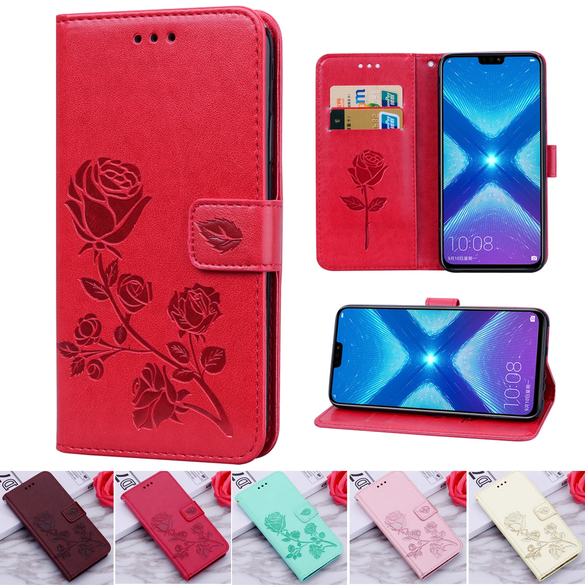 

For Honor 8X Rose Leather Case for Huawei Honor 7X 6X 6A 9A 9S 9X Pro 9x Lite Flip Cover for Huawei Y5P Y6P Y7P Y7A Y9S