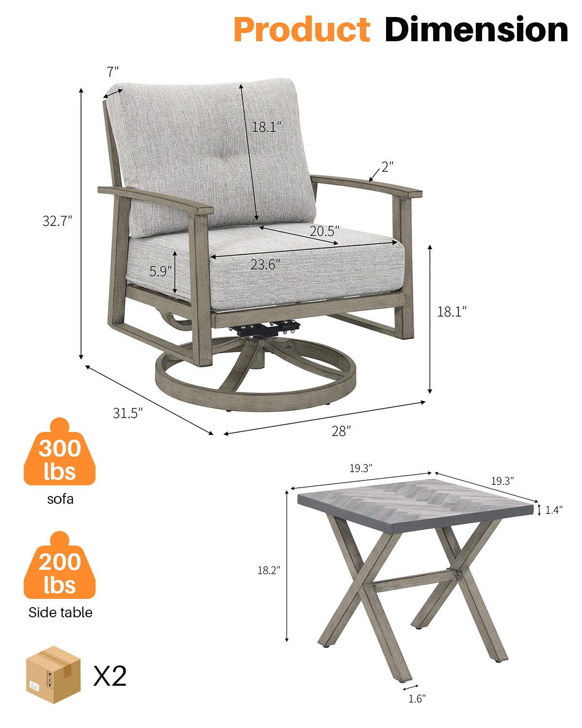 3 قطع 360 °   مجموعة صالة دوارة للاستخدام الخارجي، كراسي أريكة من الألومنيوم، طاولة جانبية لتواريخ الشرفة، استرخاء الحديقة للفنادق