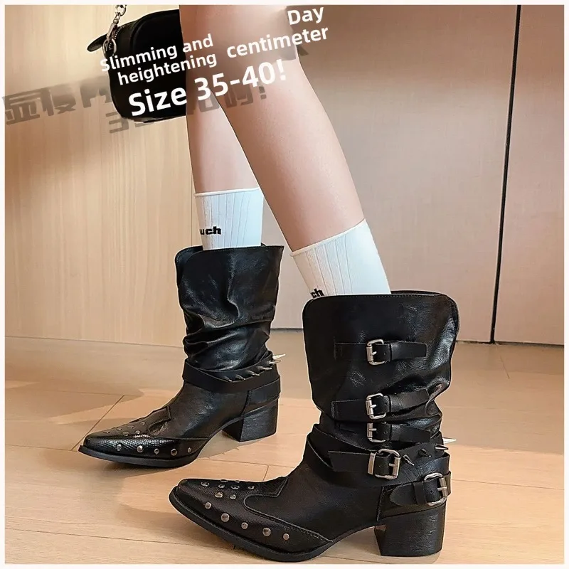 

Punk Style Women's Shoes Exquisite Rivet Western Cowboy Boots for Woman Fashion Mid Calf Boots Height Increase 8CM Botas Mujer
