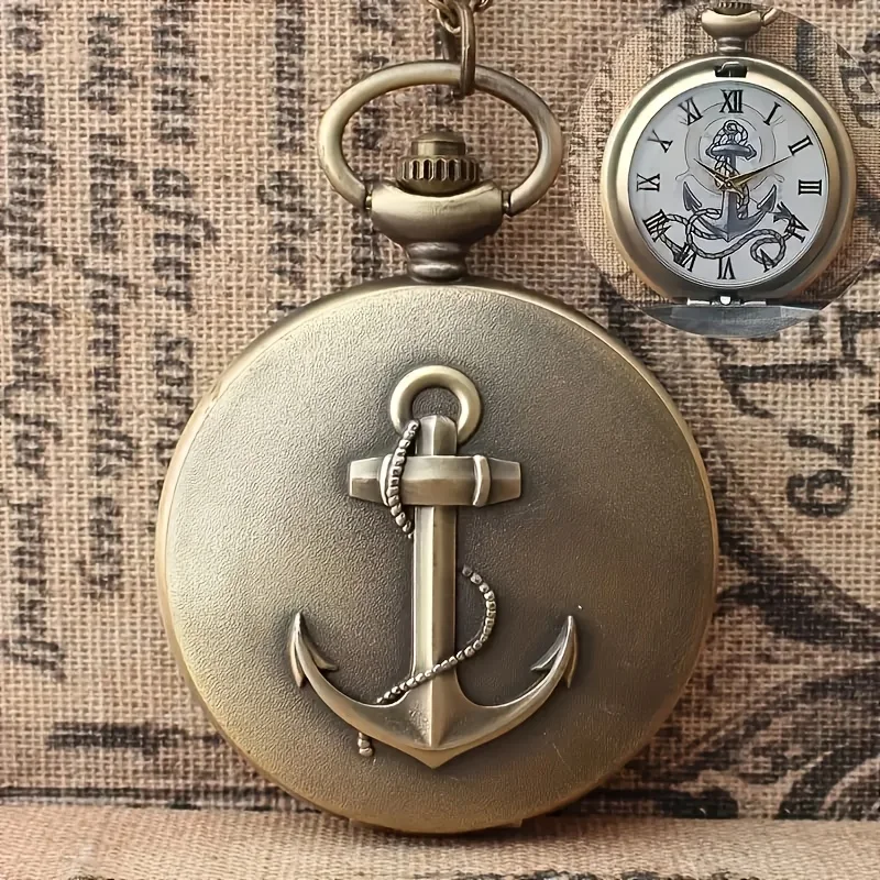 

Flip classic retro pocket watch with boat anchor relief pattern, large quartz pocket watch, Roman face necklace
