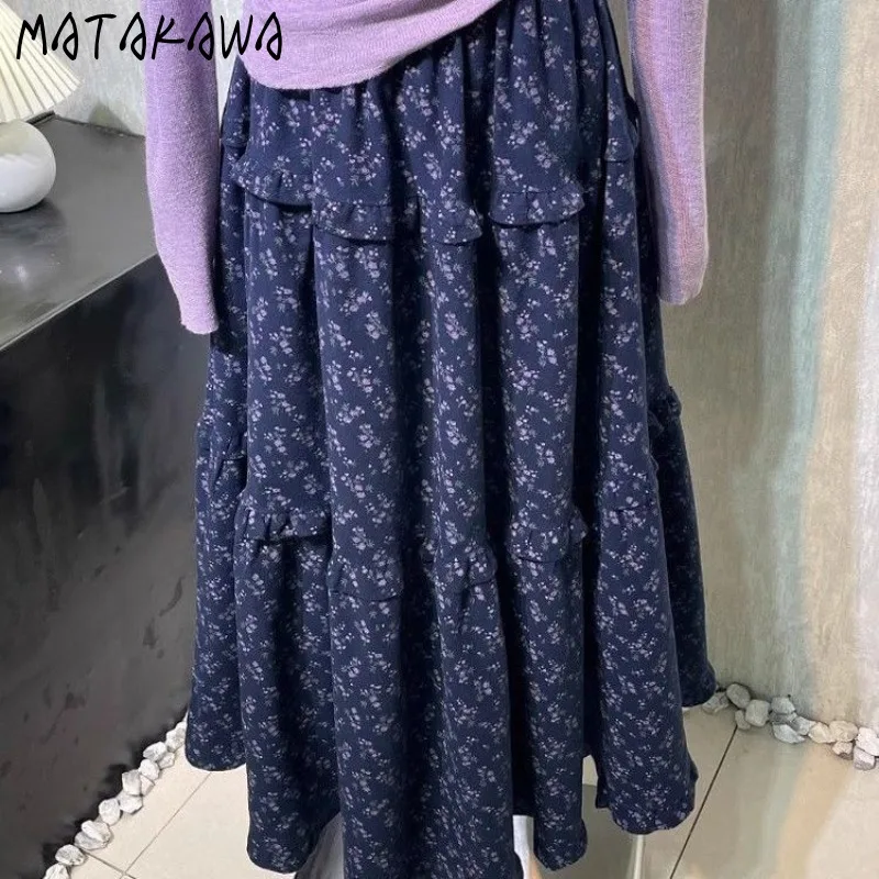 

Matakawa Floral Women Skirts Vintage Spring Autumn A-line Korean Fashion Sweet Long Skirt High Waist Elegant Faldas Mujer