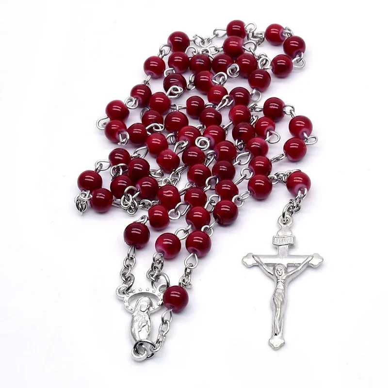 6mm Vintage Red Color Beaded Cross Pendant Necklace Women Men Geometric Pendant Rosary Cross Necklace Catholic Religious Jewelry