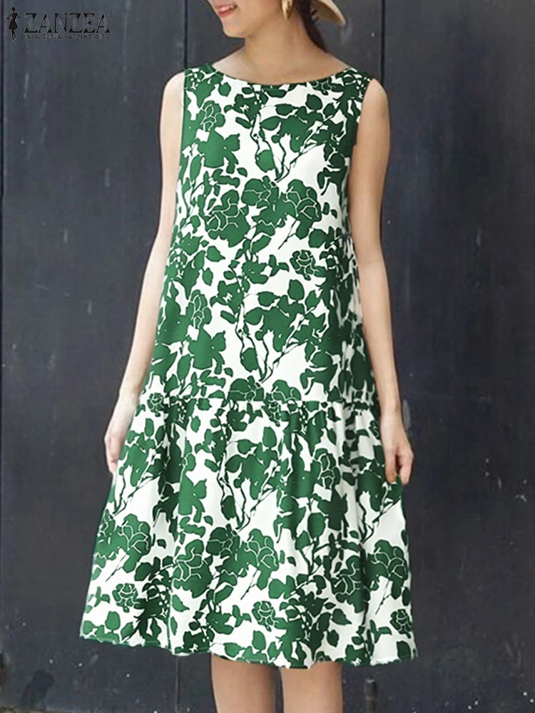 Robes d'été ZANZEA femmes imprimer Robe bohème mode sans manches plage Robe d'été 2025 Vintage décontracté col rond ample longue Robe