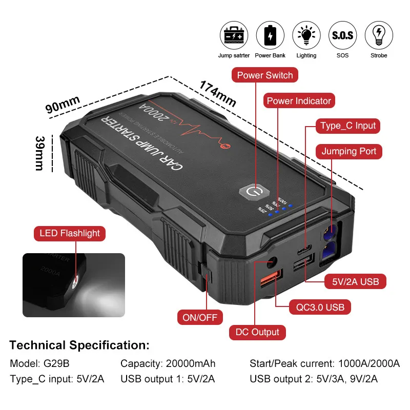 For GLIGLE New Arrival Car Jump Starter With Power Bank Jump Starter Flashlight Car Portable jump starter battery