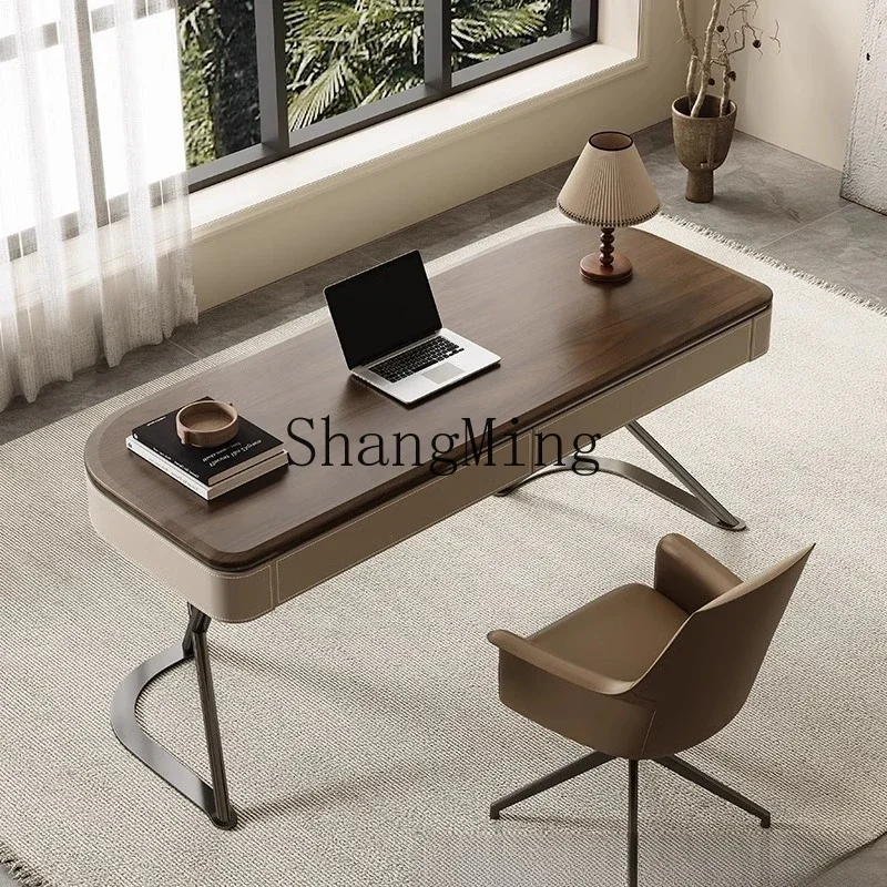 

CL Wood Desk Modern Minimalist Home Living Room Study High-end Light Luxury Desk Walnut Saddle Leather Computer Desk