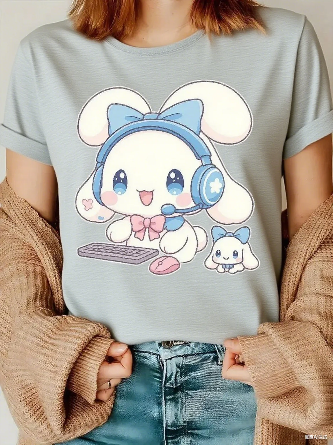 Cute Bunny with Headset Keyboard Pure Cotton T - Shirt Adorable Cartoon Rabbit in Gamer Style Fun Graphic Tee Arrival Tee S-4XL