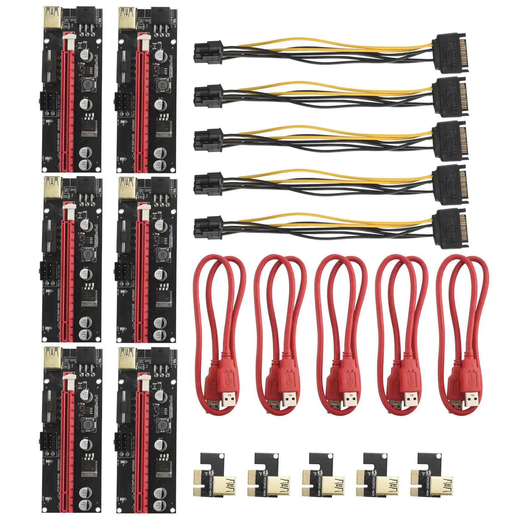 6Pcs VER009 USB 3.0 PCI-E Riser VER 009S Express 1X to 16X Extender Riser Adapter Card SATA 15Pin to 6 Pin Power Cable