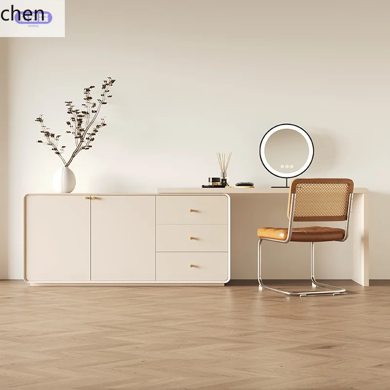 HXL Cream Style Dressing Table Extendable Integrated Solid Wood Minimalist Storage Makeup Mirror Table
