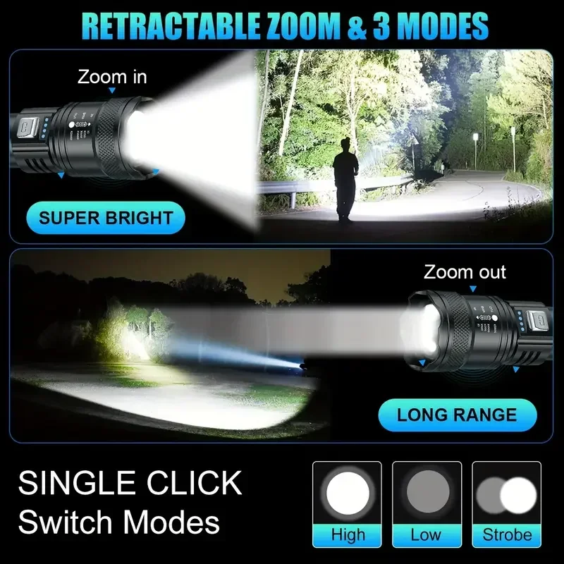 전술용 LED 손전등 2000LM USB 충전식 방수 등급 줌 토치 밝은 휴대용 비상등 캠핑 야외용 썸네일 3