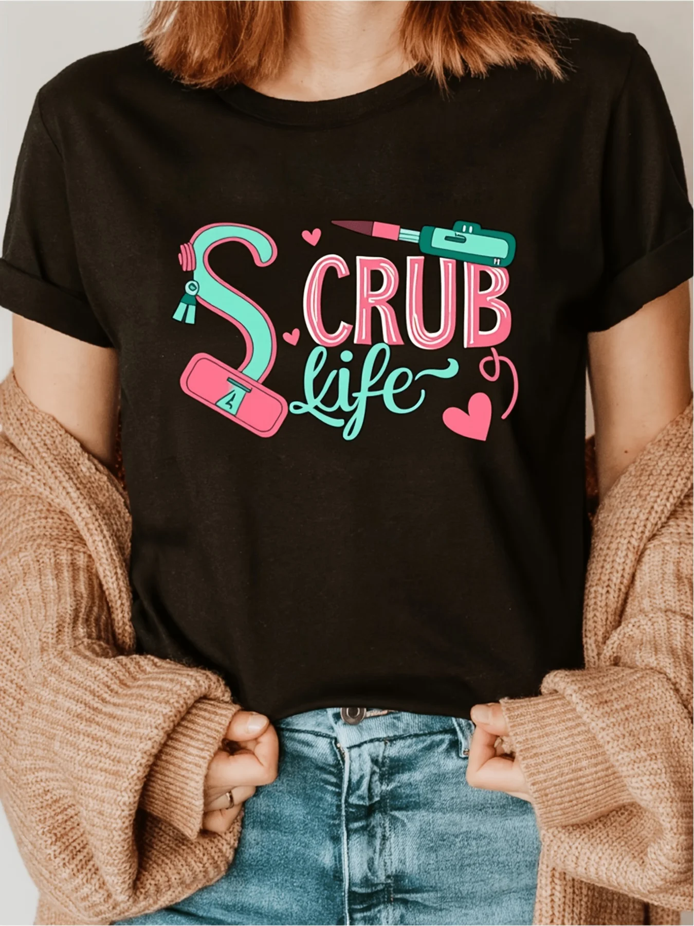 Scrub Life Women's Nurse Uniforms and Medical Scrubs - Soft, Stretchy Short-Sleeve Tops with Letter Print and Nursing Design, Elastic Crew Neck Scrub Set, Suitable for Medical Staff Uniforms, Daily Workwear Gifts, Machine Washable, Spring/Summer Style