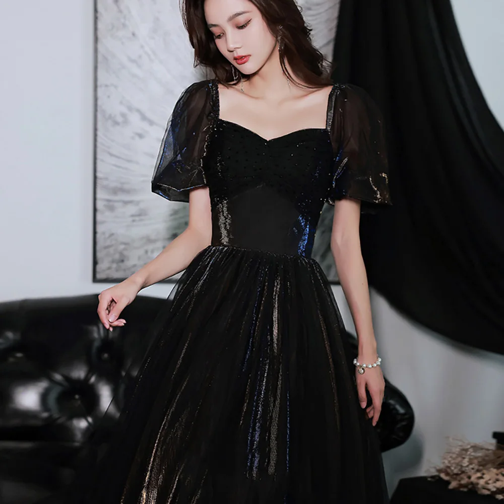 Black Evening Dresses with Puffy Sleeve Floor Length Pleated Tulle Special Occassion Gowns Backless Square Neck abendkleid