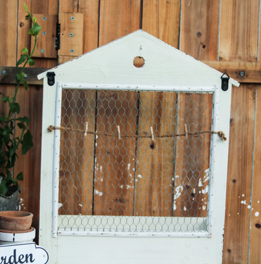 Vintage White Wood Small Wall Flower Pot Shelf with Wire Mesh Design