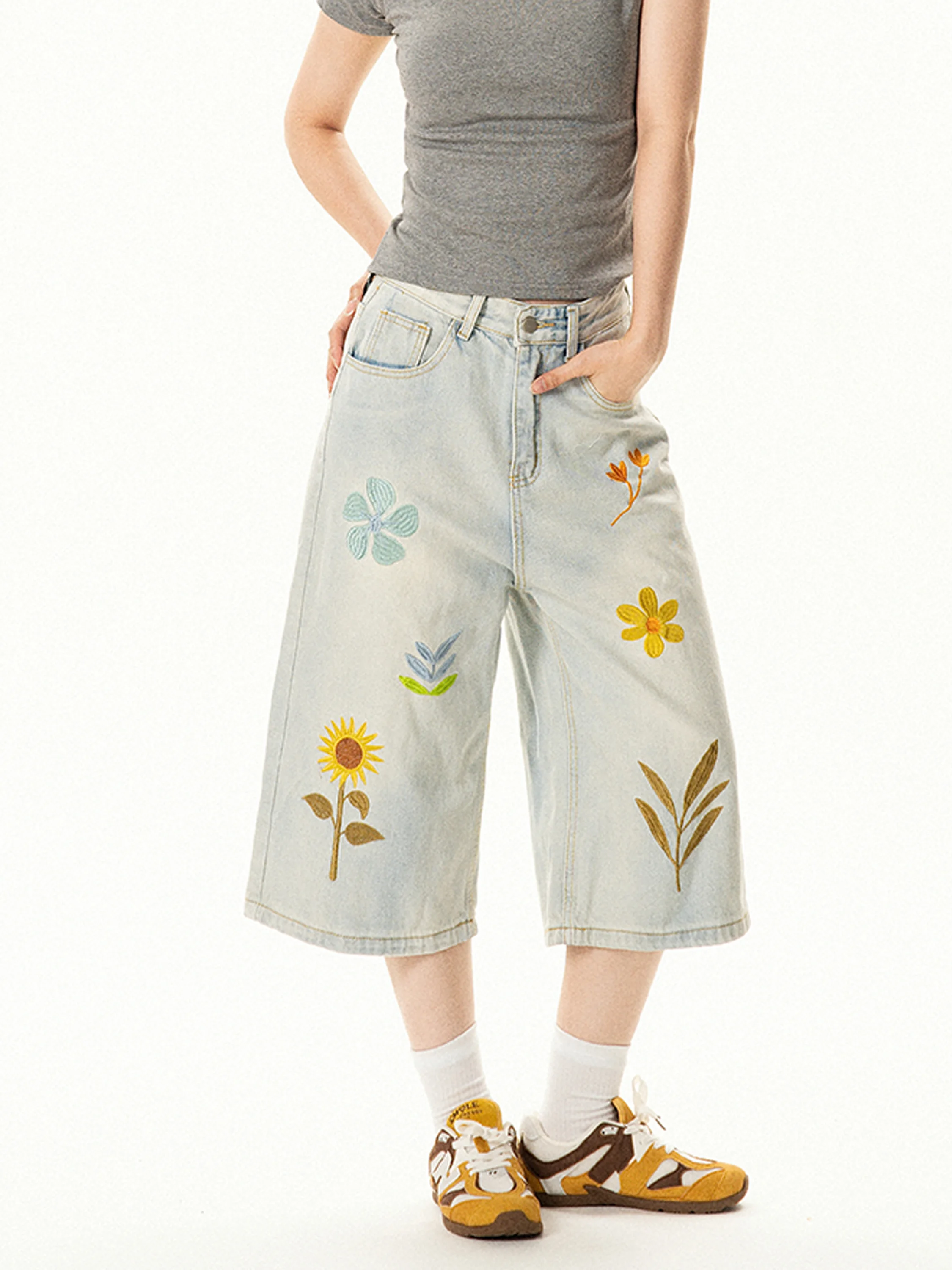 

Ретро джинсовые шорты с вышивкой, женские, свободные, широкие, укороченные, летние, повседневные, модные, свободного кроя