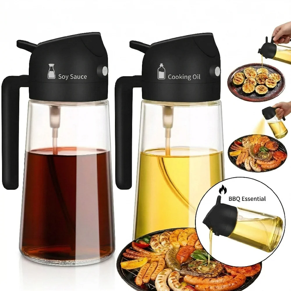1/2 Stück 500ml 2-in-1 Olivenöl-Sprühflasche Lebensmittelechter Öl-Sprüher für Küche, Kochen, Heißluftfritteuse, BBQ und Camping