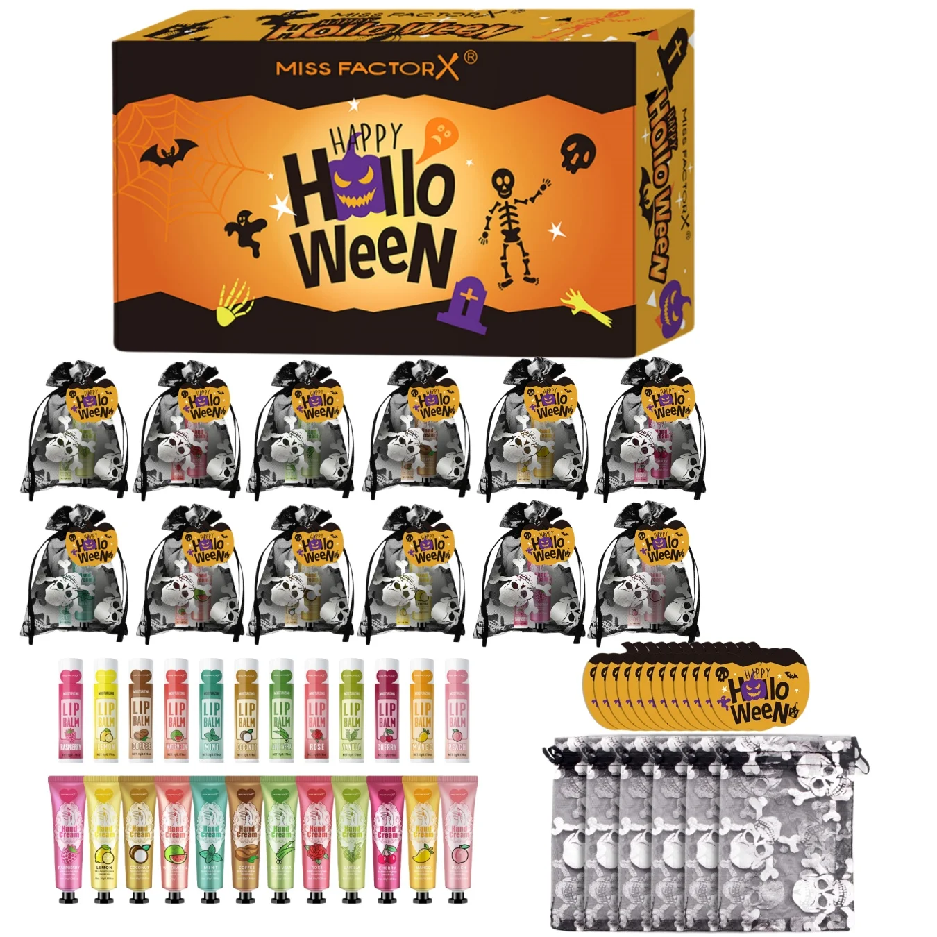 12 Halloween gift sets/box, lip balm set, hand cream set, Easter, skull mesh bag and pumpkin card, Trick or treat