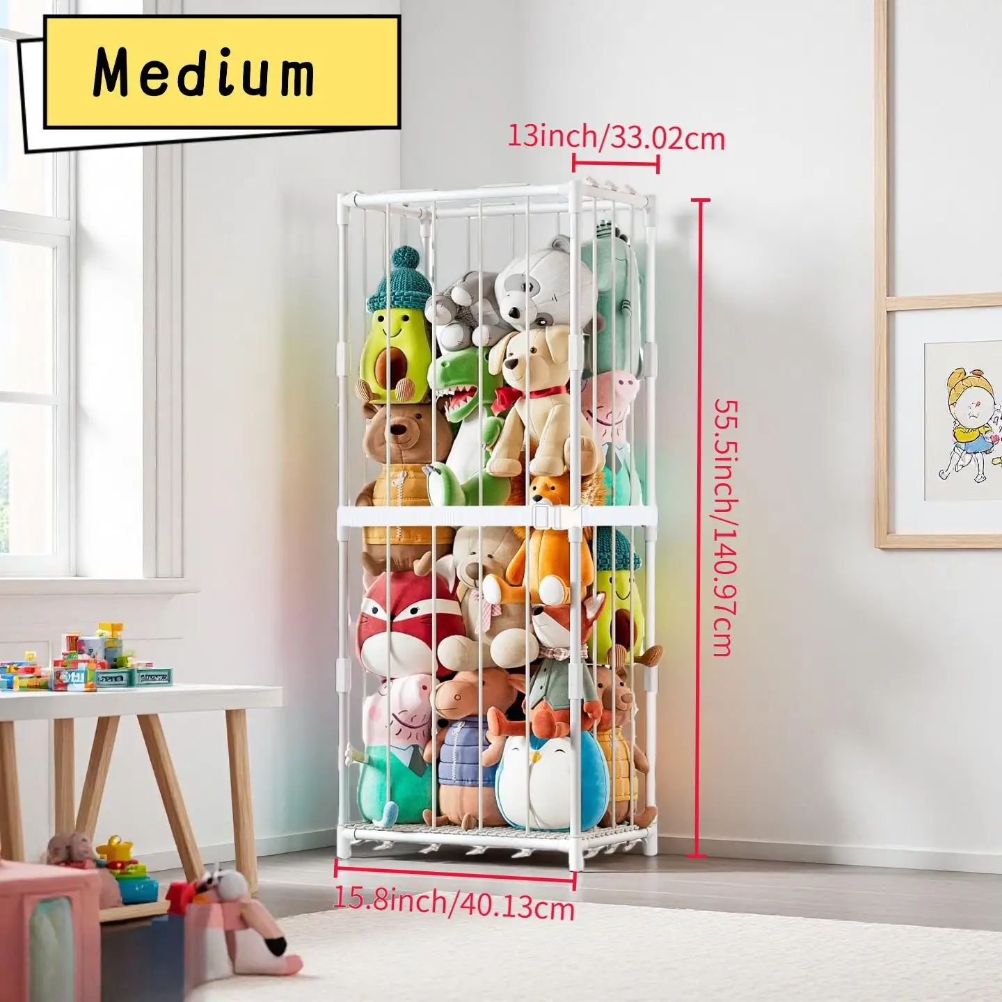 Vertical Stuffed Animal Storage Organizer Zoo Themed Plush Toy Display Rack Space-Saving Metal Frame Holder with Elastic Net Freestanding Corner Storage for Kids Playroom Nursery Bedroom Baby Room Organization view 4