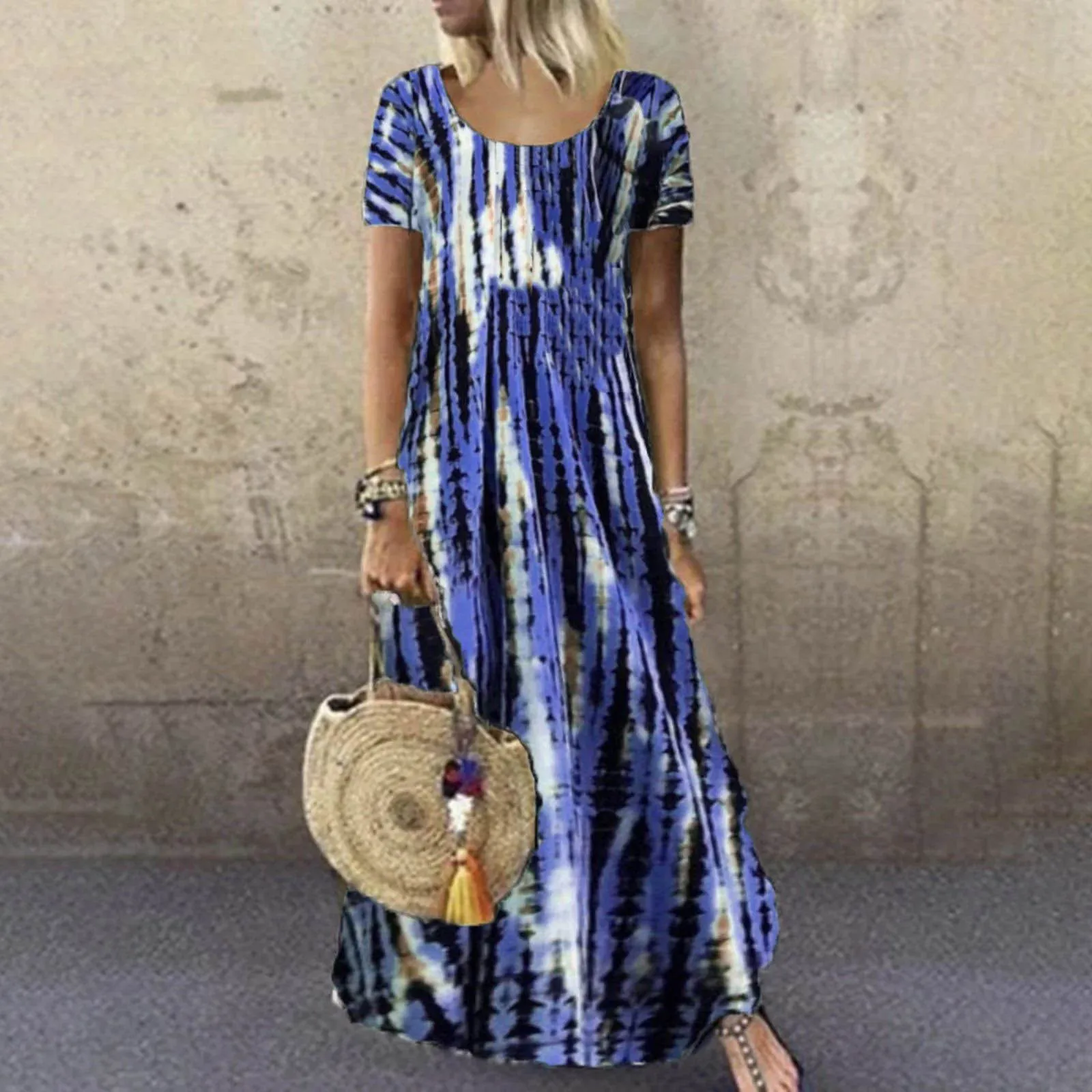 

Tie-Dye Print Women Casul Long Dress Bohemia Vintage Short Sleeve O-Neck Loose Casual Maxi Dresses Plus Size Vestidos Elegance