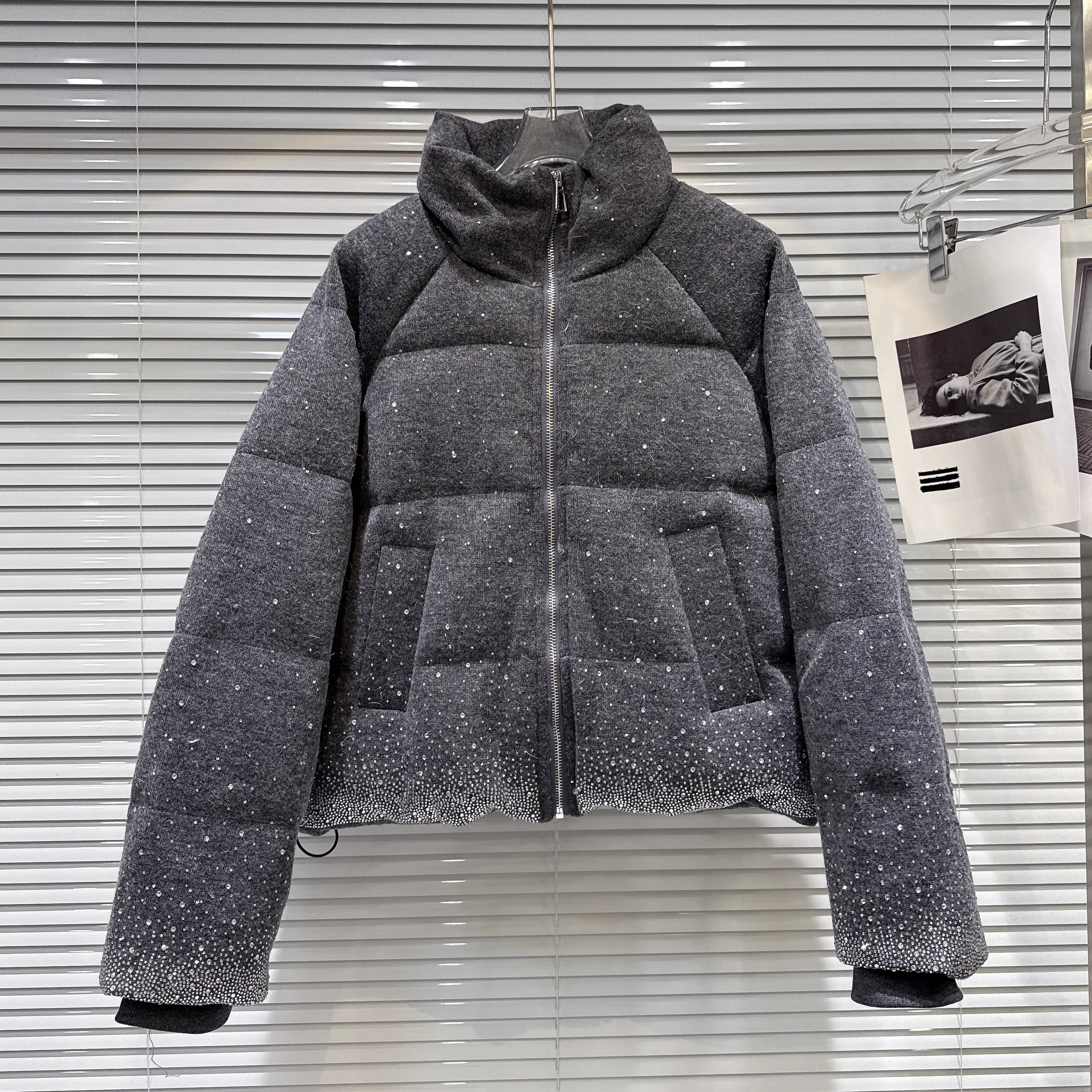 الكورية نمط أزياء الشارع الشهير الصناعة الثقيلة الماس الوقوف طوق سحاب أكمام طويلة حزام بولي يوريثان سترة قطن ضئيلة النساء الشتاء #2