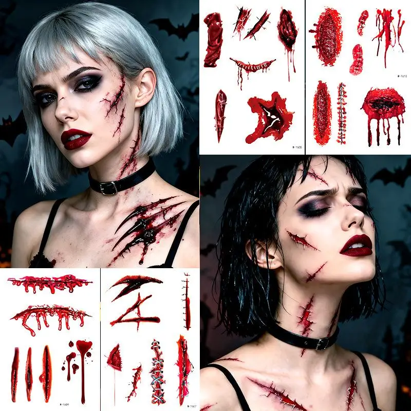 

1 лист, татуировки со шрамом на Хэллоуин, наклейки, временные кровавые пятна, раны, костюм, фестиваль, праздник, макияж, татуировка на руку, лицо
