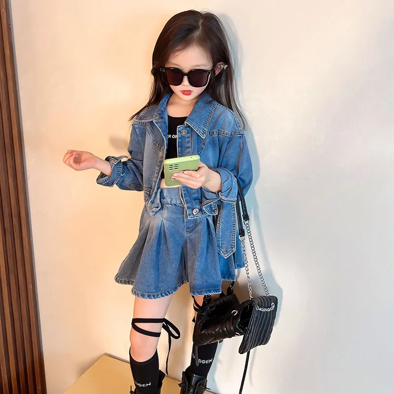 

Spring Autumn Girls clothes set Jacket+Pleated Skorts Kids Denim Suits Children Clothes Fashion Streetwear Ruched outfit 4-14