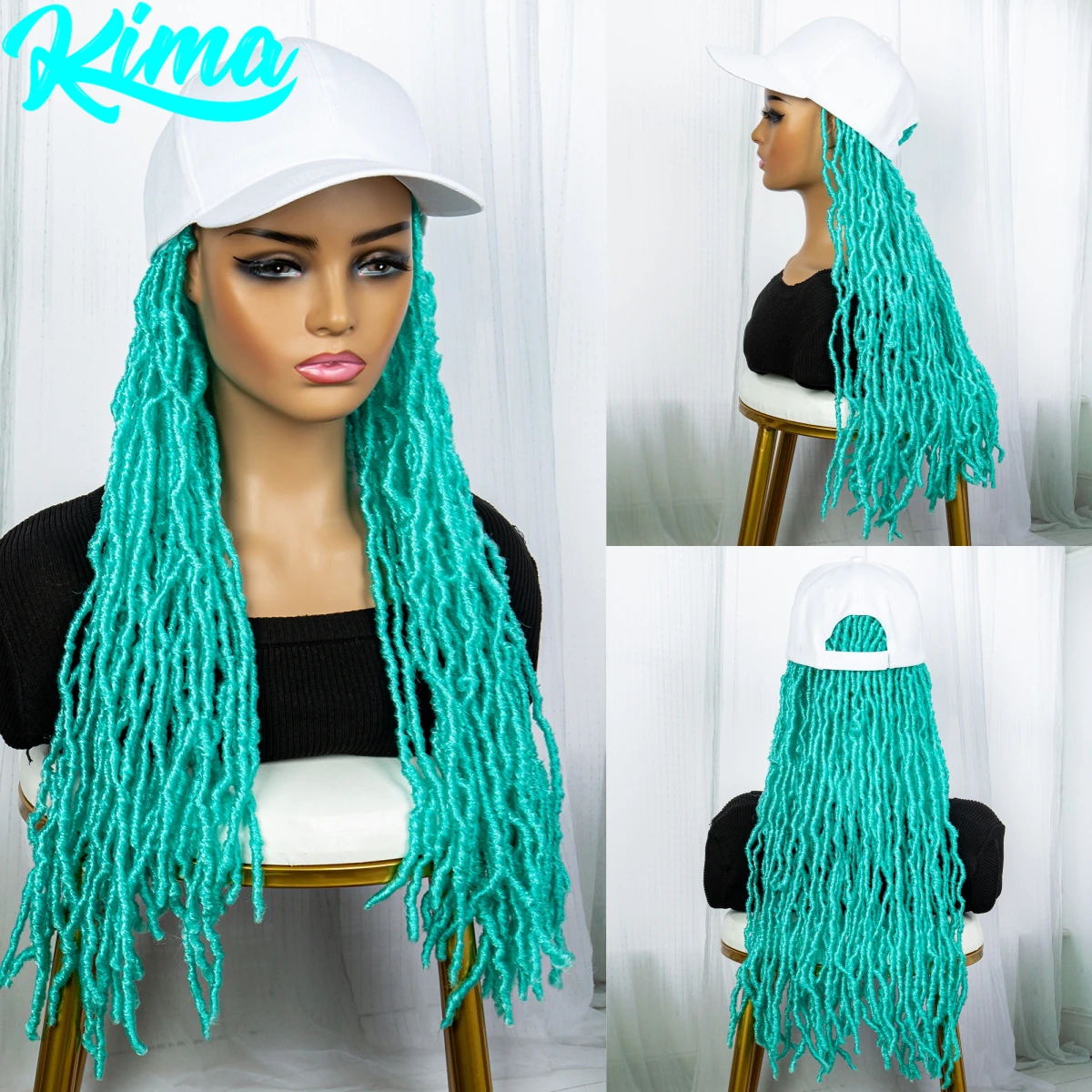 

24" Synthetic Braided Extension with Baseball Cap Machine Made Fiber Braid Hair Extension Cap Green Straight Braid Wig for Women