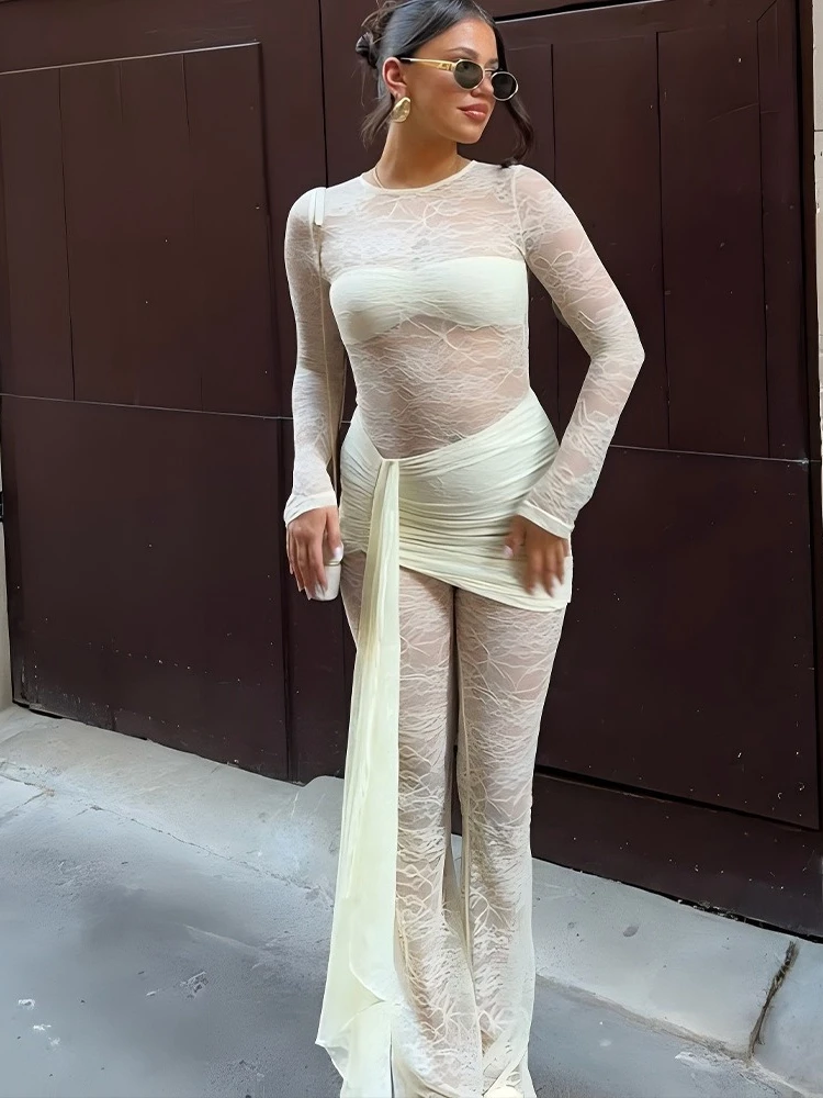 

Bangniweigou sexy lace pants waist belt ruched jumpsuit women fashion full sleeve straight onesie black yellow overalls