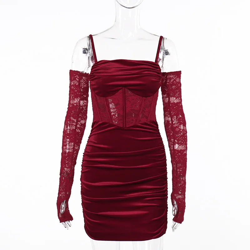 red velvet dress with black lace Social Collision Red Velvet Lace Slip Dress