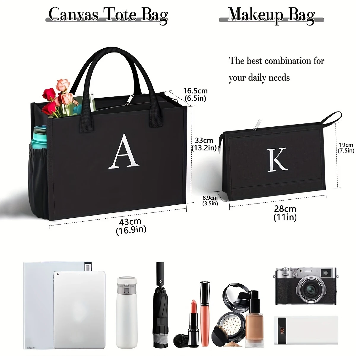 Canvas Tote Bag Set With Letter Embroidery Large Waterproof Shoulder Shopping Bag