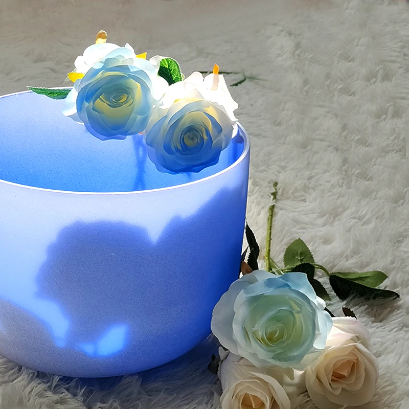 AMAZING SOUND 8 inch Chakra Frosted Blue Crystal Quartz Singing Bowl for Meditation and Sound Healing with G 440hz or 432hz