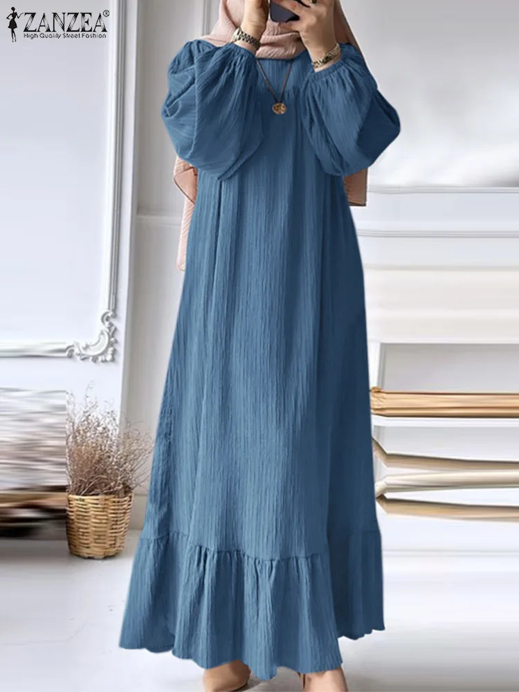 ZANZEA Vintage Solid Ruffles Hem Sundress Robe Femme Turkey Vestido Kaftan Women Fashion O Neck Long Sleeve Muslim Abaya Dress