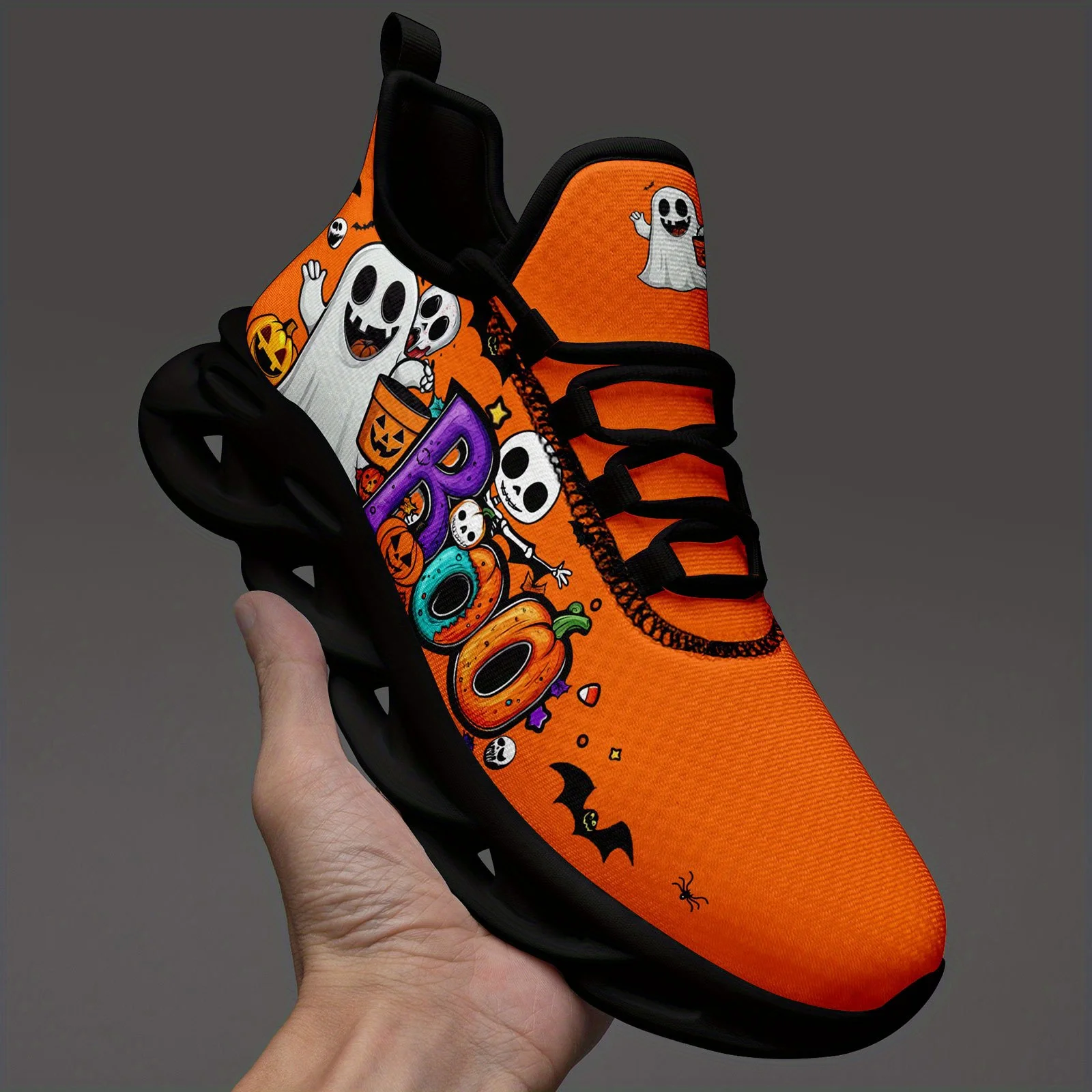 Custom Men'S Halloween Sneakers With Cute Ghost Charm, Orange Boo Skeleton Pumpkin Bat Graphic, Trick Or Treat Casual Skate Shoe