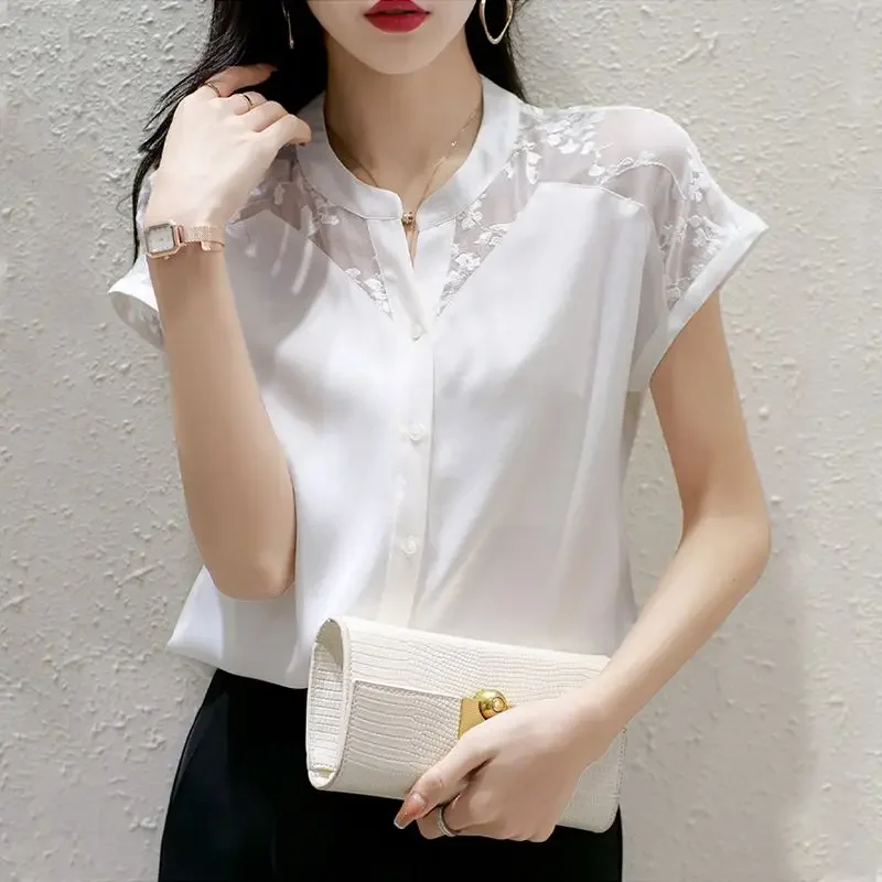 Elegant O-Neck Button Spliced Gauze Lace Embroidery Shirt Women's Clothing Summer New Casual Tops Loose Office Lady Blouse A729