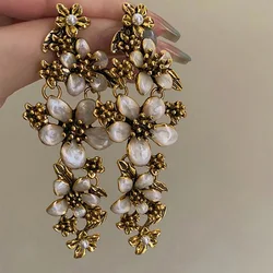 Vintage Statement Metal Flower Long Tassel Earrings for Women Ms Elegant Bridals Wedding Daily Jewelry Pendant Gifts