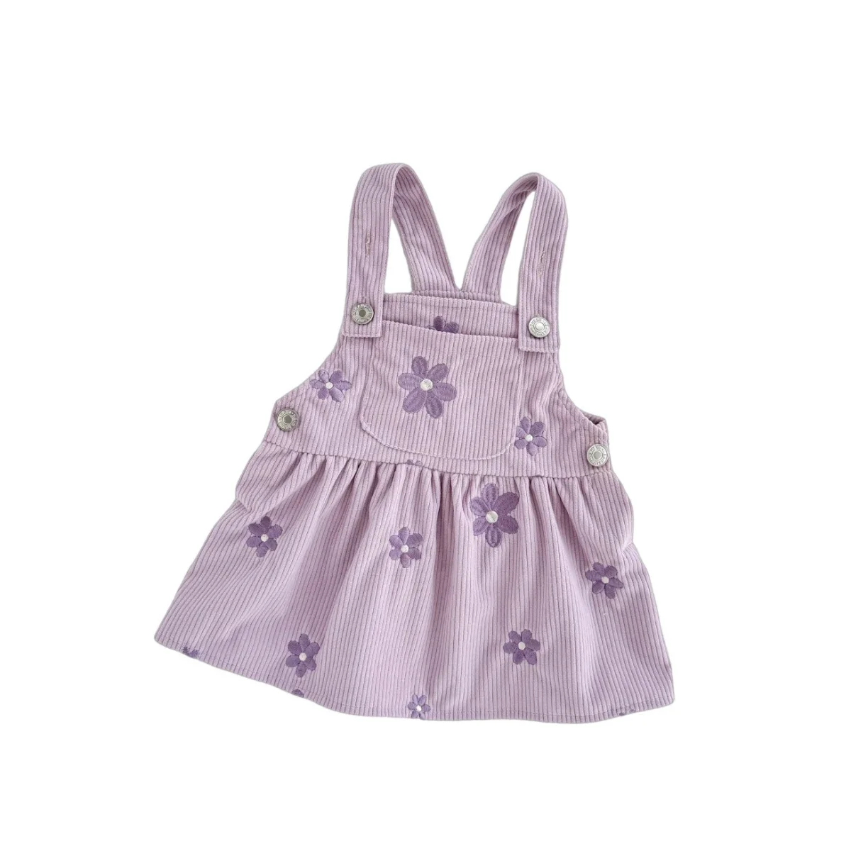 Infant Baby Girls Corduroy Suspender Dress Purple Flower Embroidery Adjustable Strap Pinafore Skirt